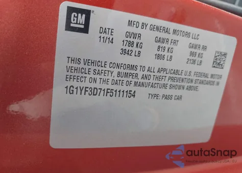 2015 Chevrolet Corvette Stingray z USA, uszkodzony, nr VIN 1G1YF3D71F5111154